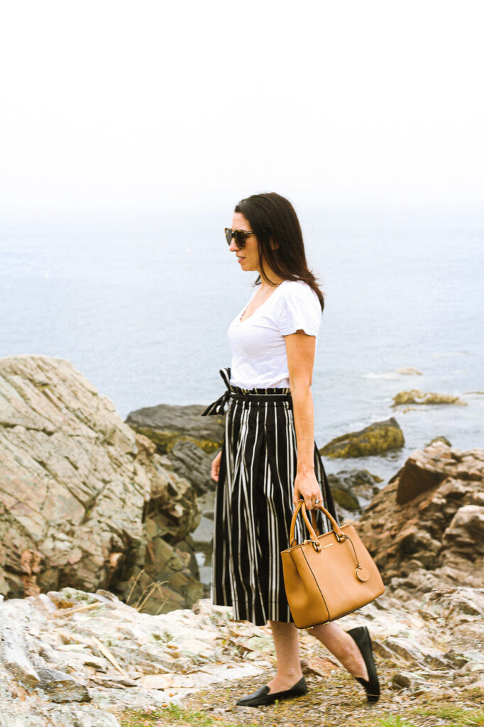 White Tee and Striped Skirt