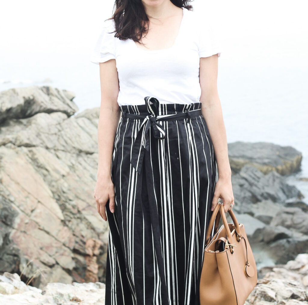 White tee and Striped Skirt
