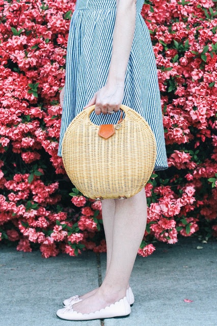 Striped Fit & Flare Dress New England Style Wicker Bag