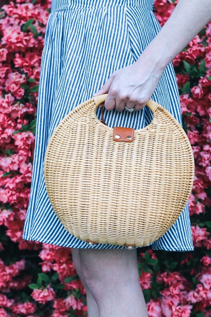 Striped Fit & Flare Dress New England Style Wicker Bag