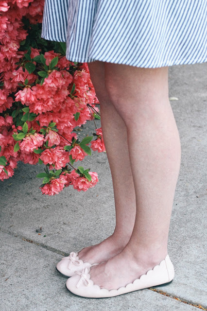 Striped Fit & Flare Dress New England Style Scallop Ballet Flats