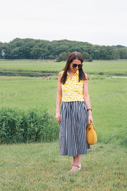 The Northern Magnolia in lemon print top with striped midi skirt in Essex Massachusetts