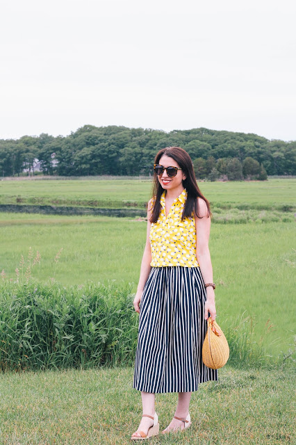 The Northern Magnolia in lemon print top with striped midi skirt in Essex Massachusetts