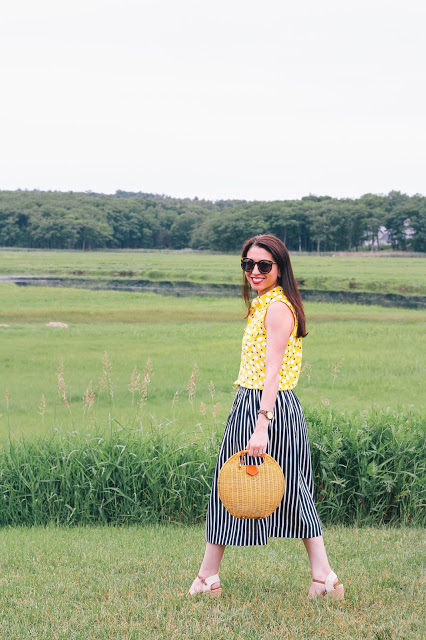 The Northern Magnolia in lemon print top with striped midi skirt in Essex Massachusetts