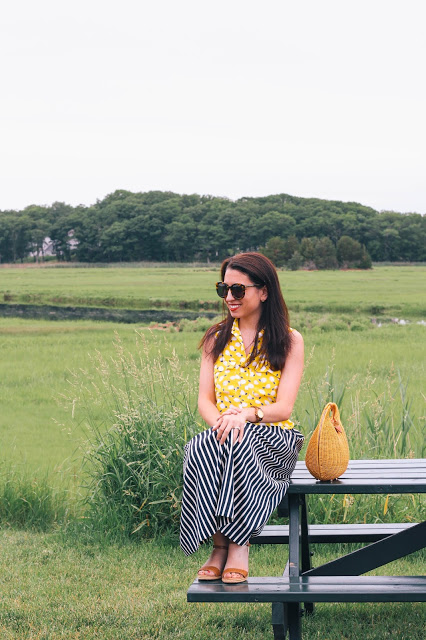 The Northern Magnolia in lemon print top with striped midi skirt in Essex Massachusetts