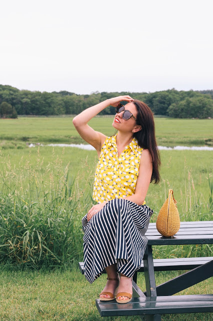 The Northern Magnolia in lemon print top with striped midi skirt in Essex Massachusetts