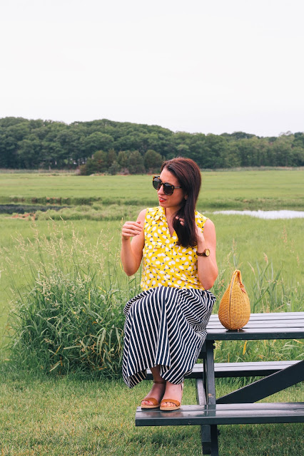 The Northern Magnolia in lemon print top with striped midi skirt in Essex Massachusetts