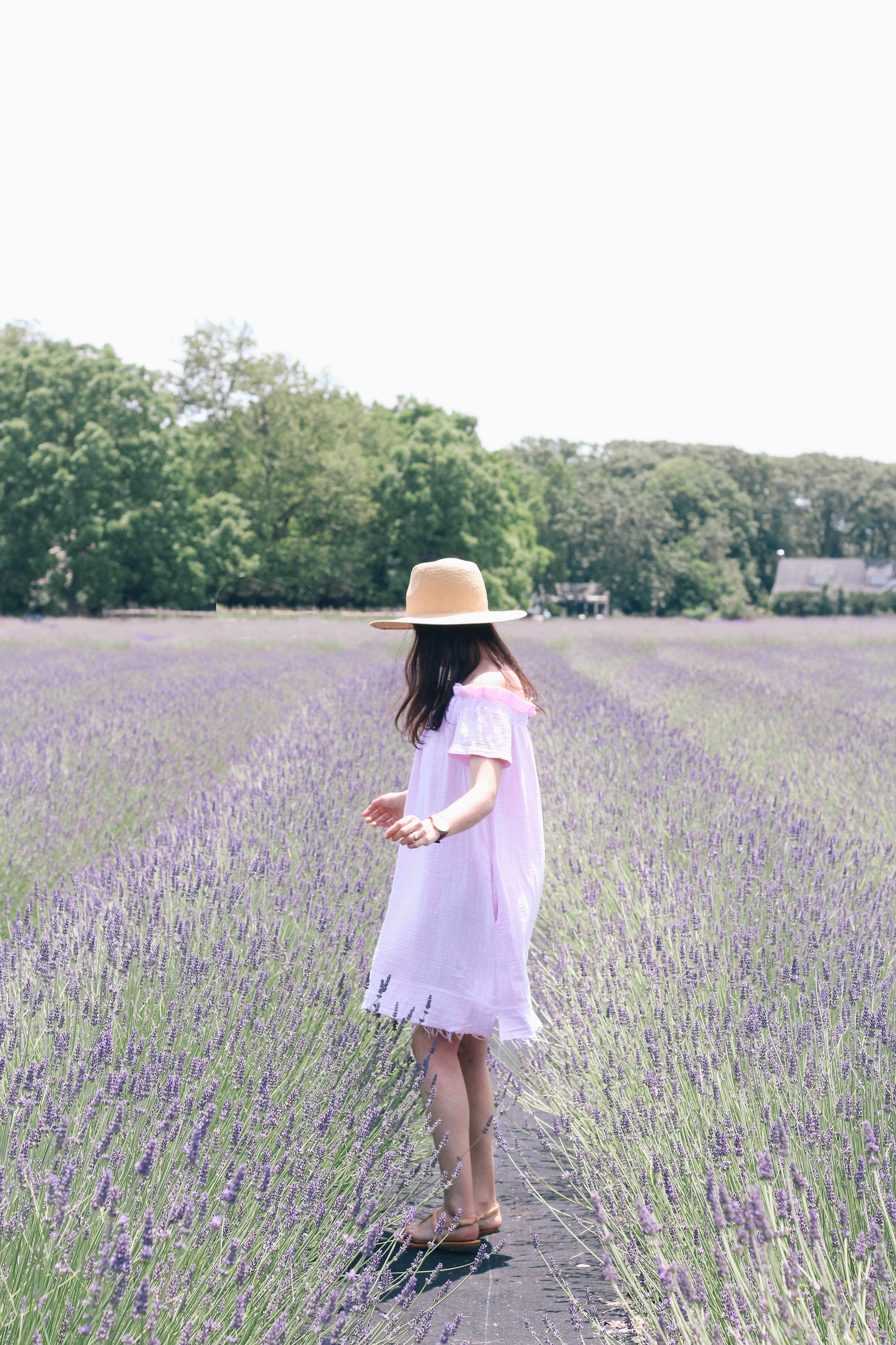 Prancing around lavender fields in a lovely off-shoulder tunic dress.