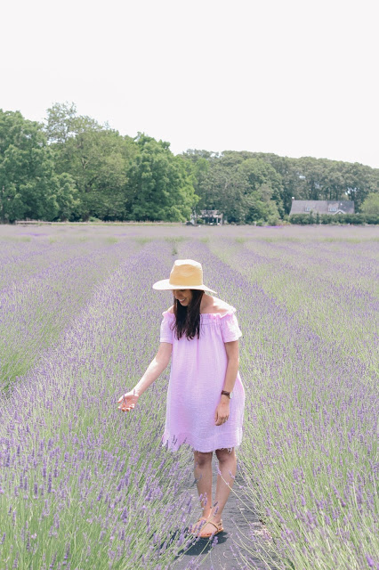 Prancing around lavender fields in a lovely off-shoulder tunic dress.