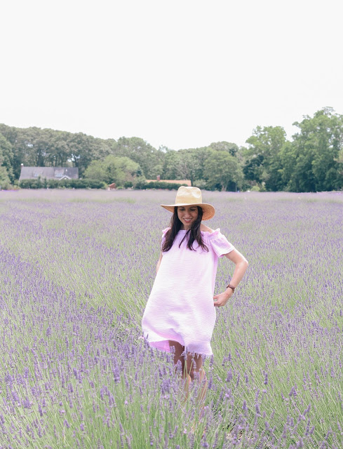 Prancing around lavender fields in a lovely off-shoulder tunic dress.