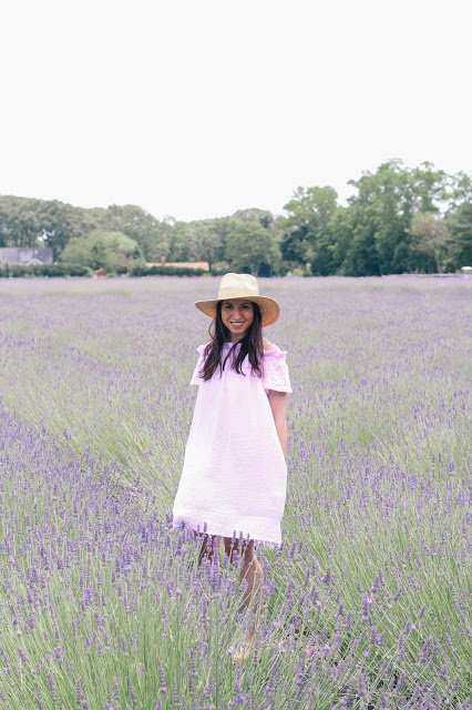 Prancing around lavender fields in a lovely off-shoulder tunic dress.