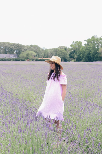 Prancing around lavender fields in a lovely off-shoulder tunic dress.