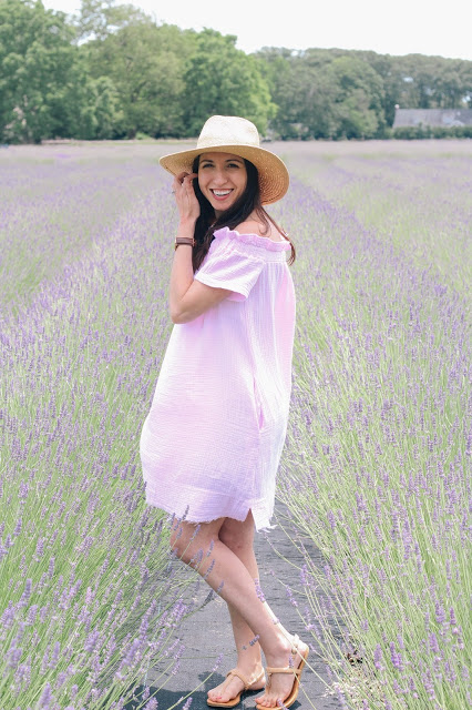 Prancing around lavender fields in a lovely off-shoulder tunic dress.