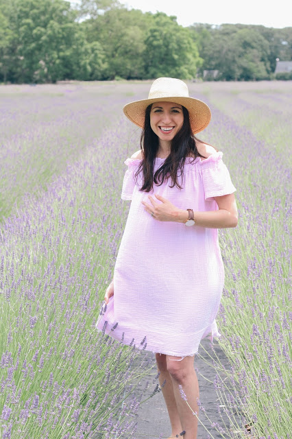 Prancing around lavender fields in a lovely off-shoulder tunic dress.