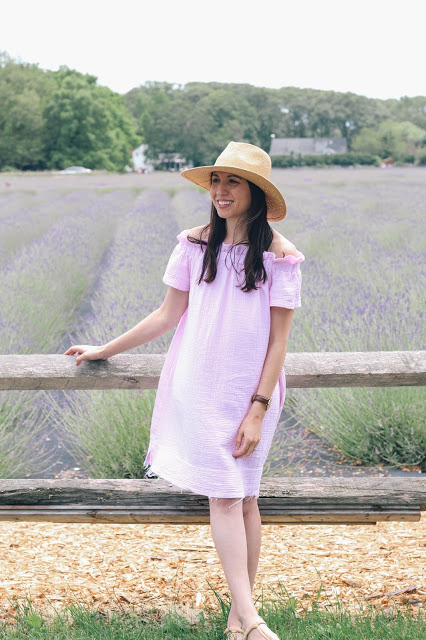 Prancing around lavender fields in a lovely off-shoulder tunic dress.