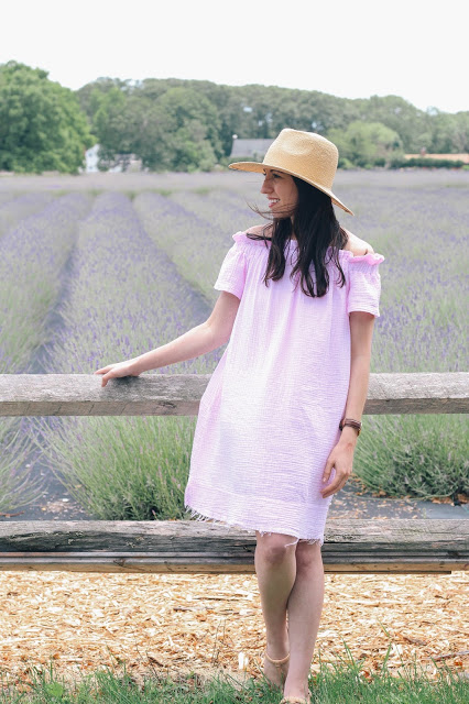 Prancing around lavender fields in a lovely off-shoulder tunic dress.