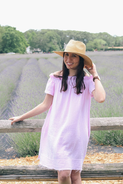 Prancing around lavender fields in a lovely off-shoulder tunic dress.