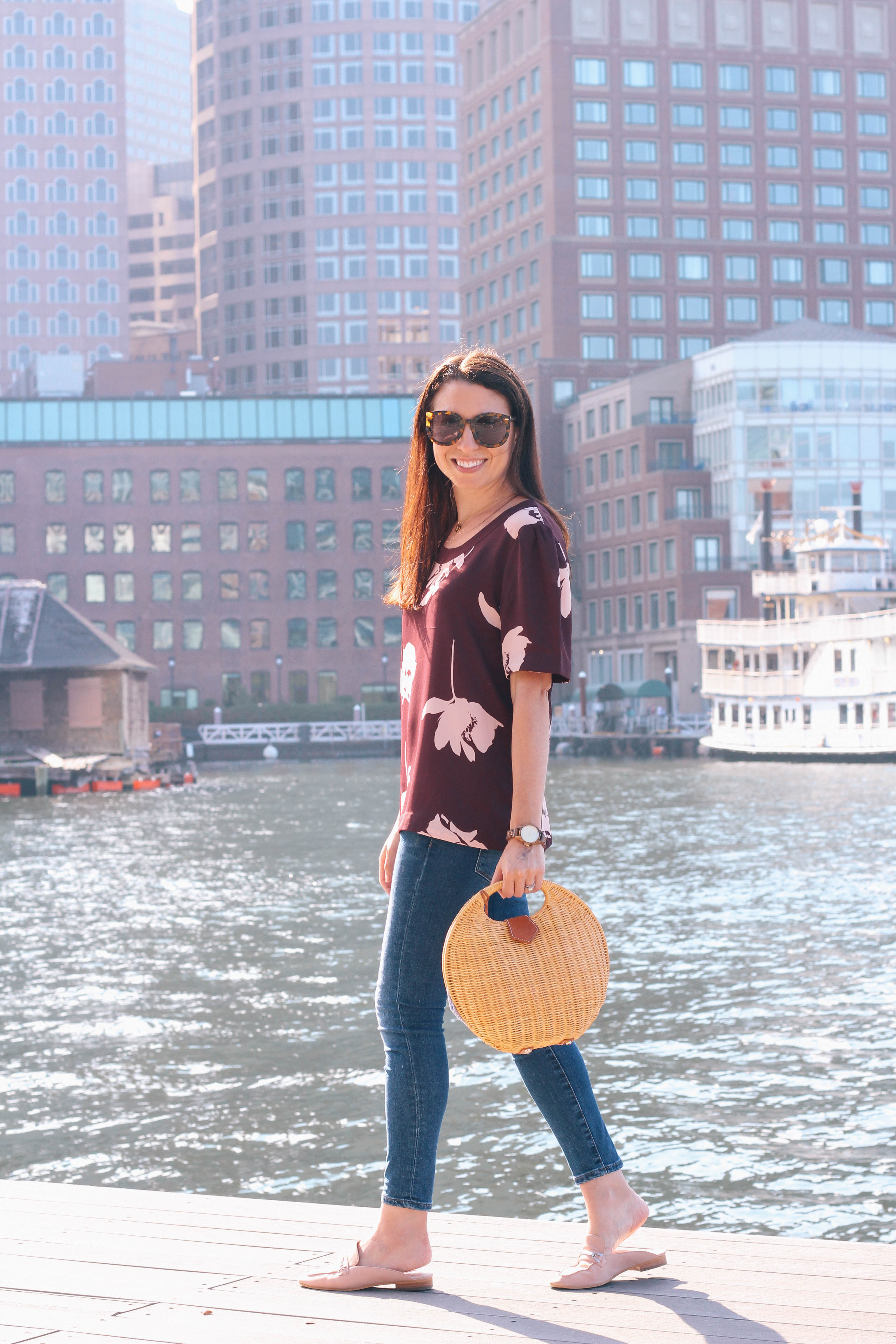 A jewel-toned loose fitting top with feminine touches and backless blush mules are the perfect Summer to Fall transitional pieces and are available in the Nordstrom Anniversary Sale.