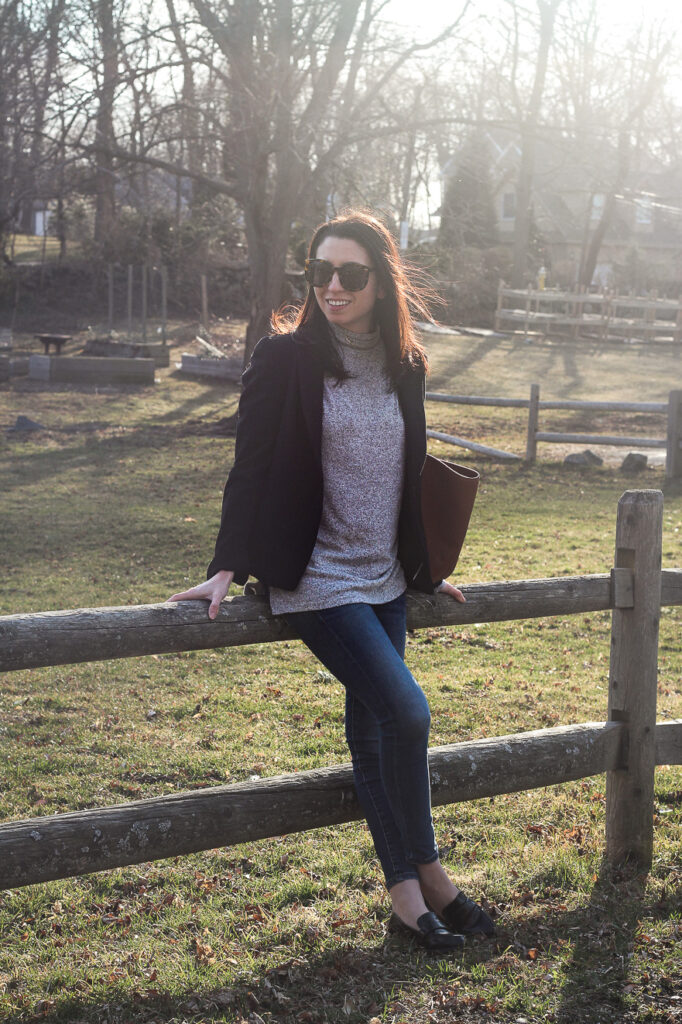 A casual black blazer for a day with the family in Marblehead, MA