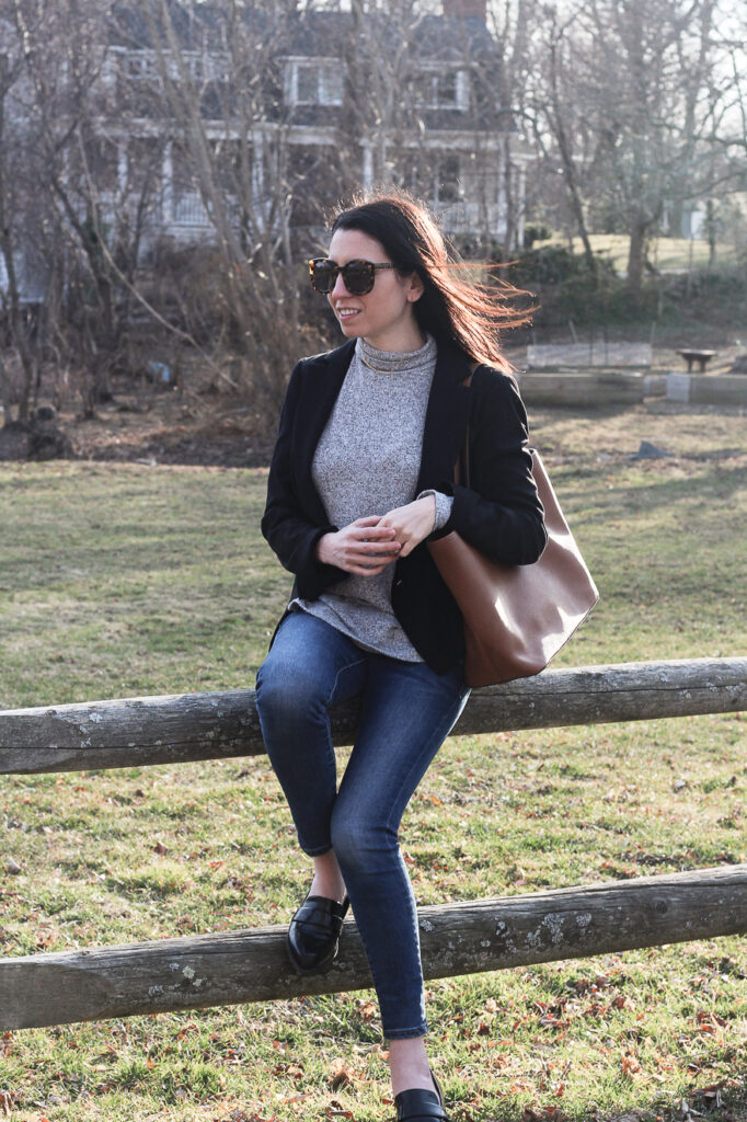 A casual black blazer for a day with the family in Marblehead, MA