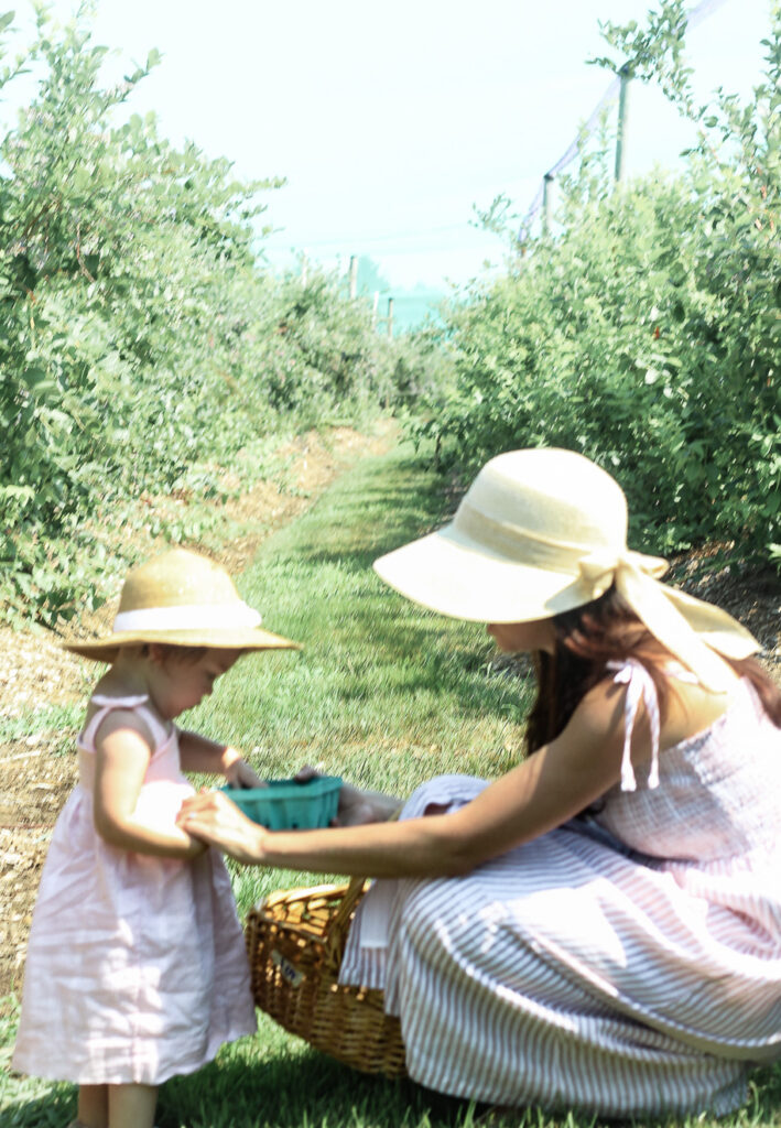 mother and daughter blueberry picking Tougas Family Farm