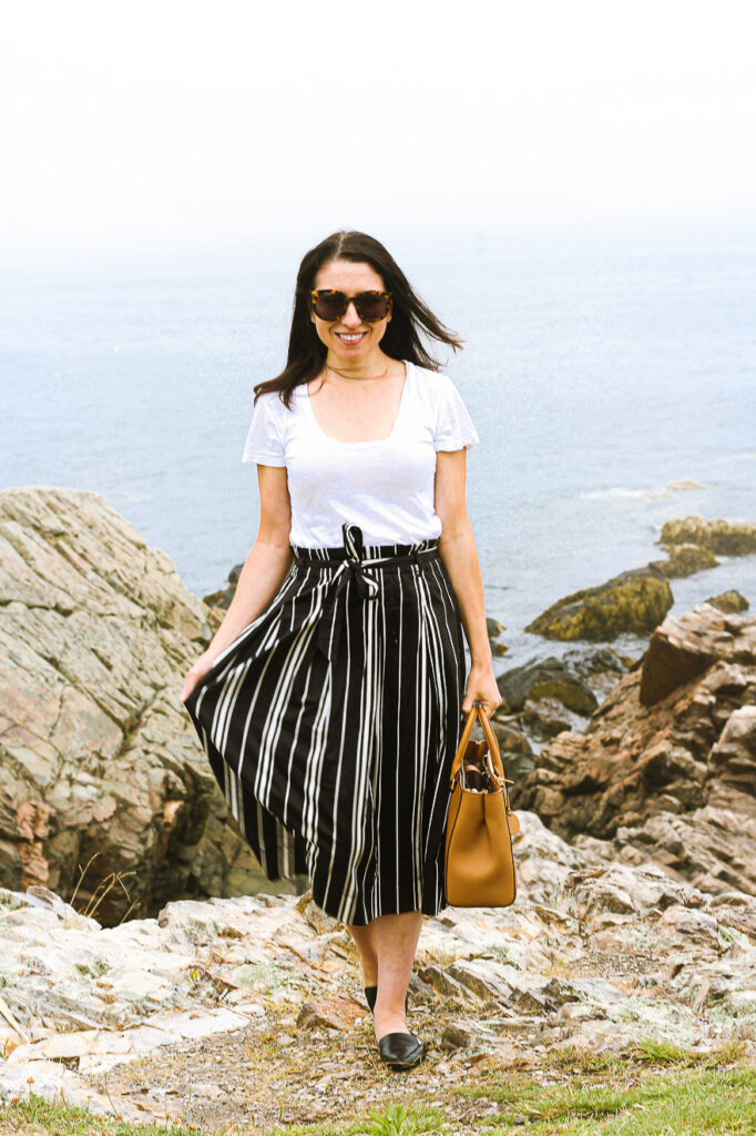 White Tee and Striped Skirt