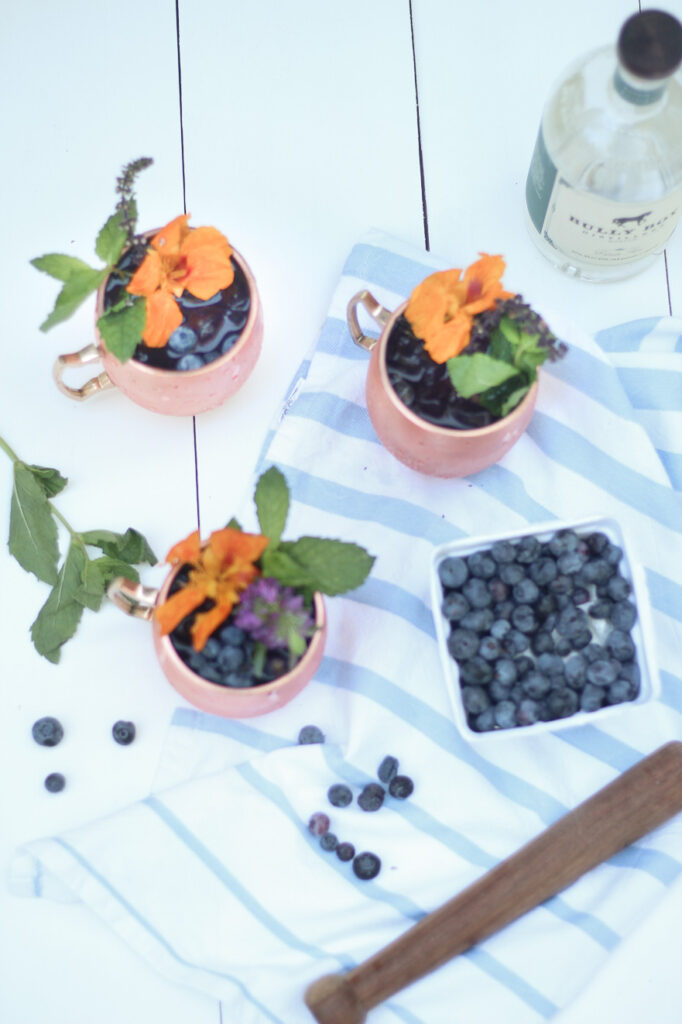 Blueberry Gin Mule flat lay with blueberries